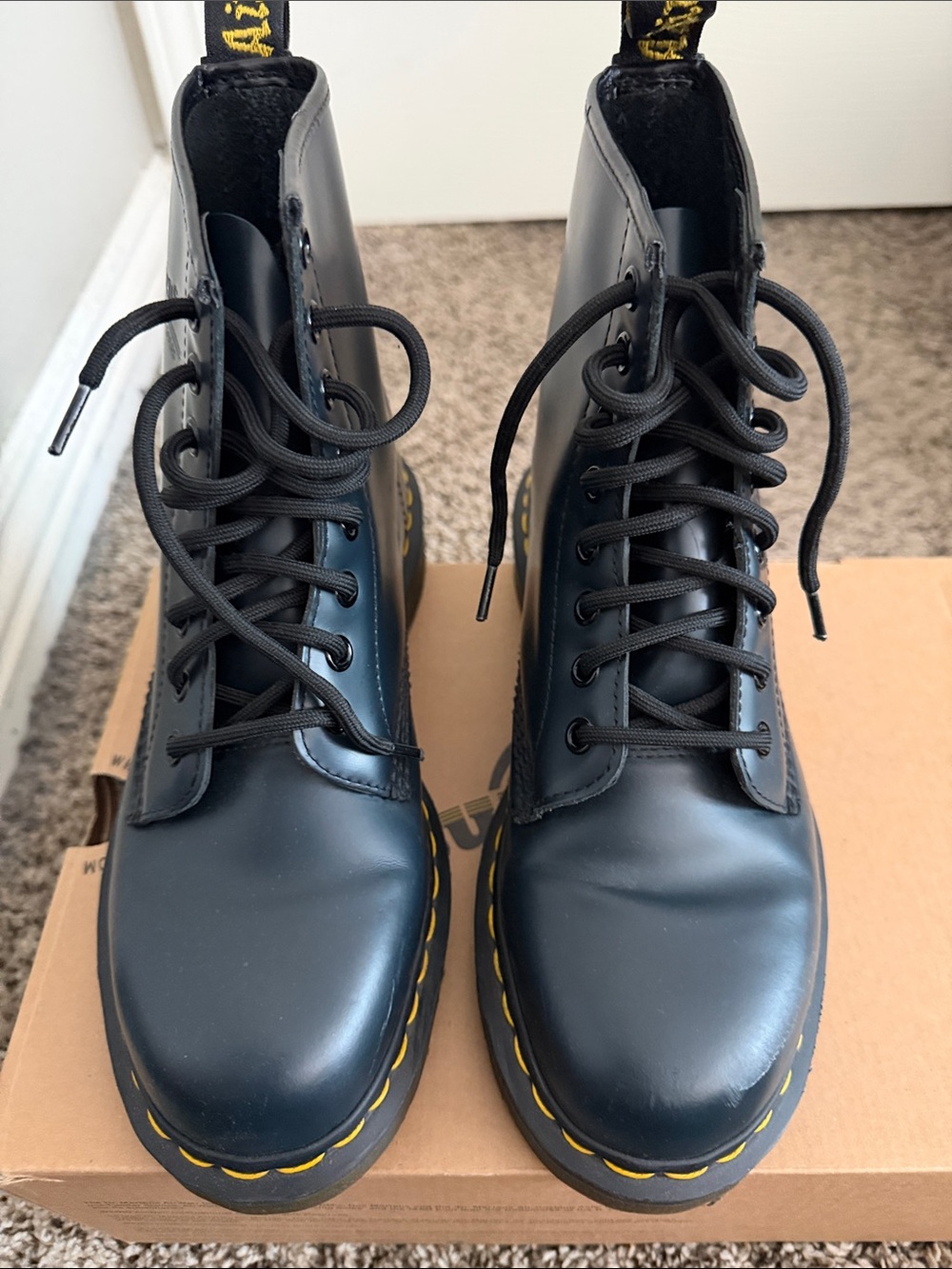 Dr. Martens Navy Leather Lace-Up Boots with Yellow Stitching